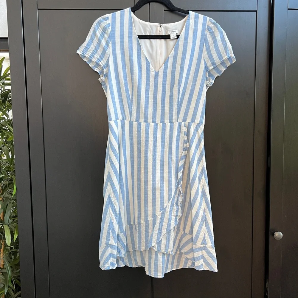J. Crew Classic Striped Ruffle V-Neck Dress Size 4 Light Blue and Off-White